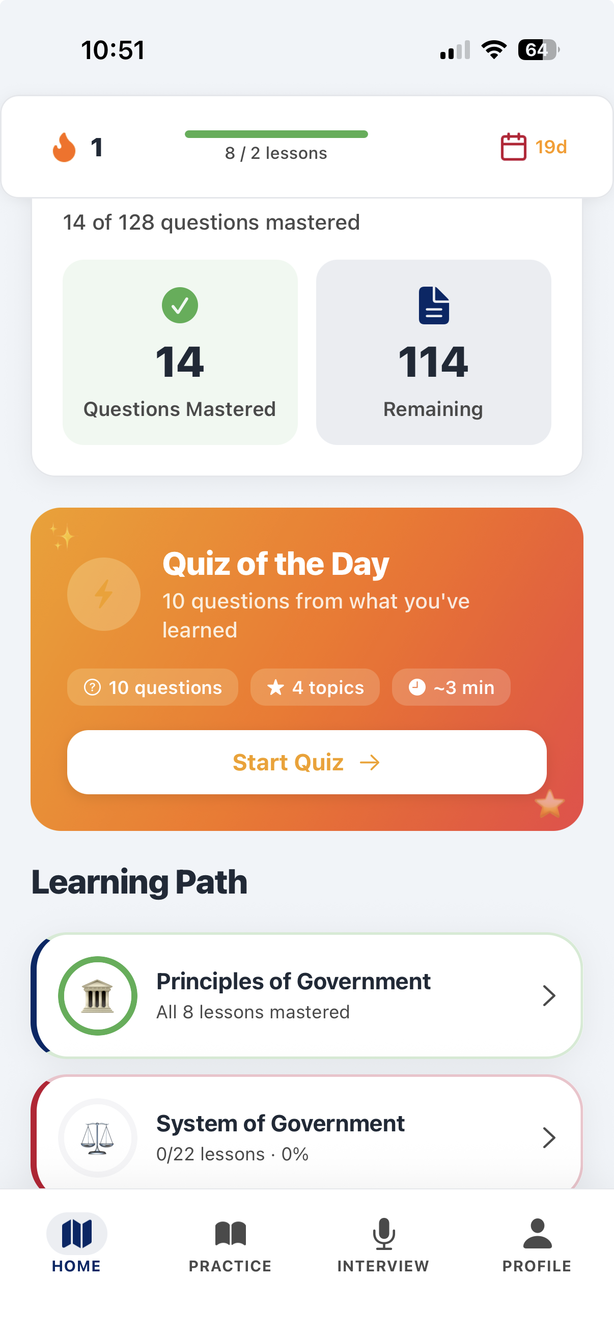 CitizenReady home with streak, questions mastered, Quiz of the Day, and Learning Path