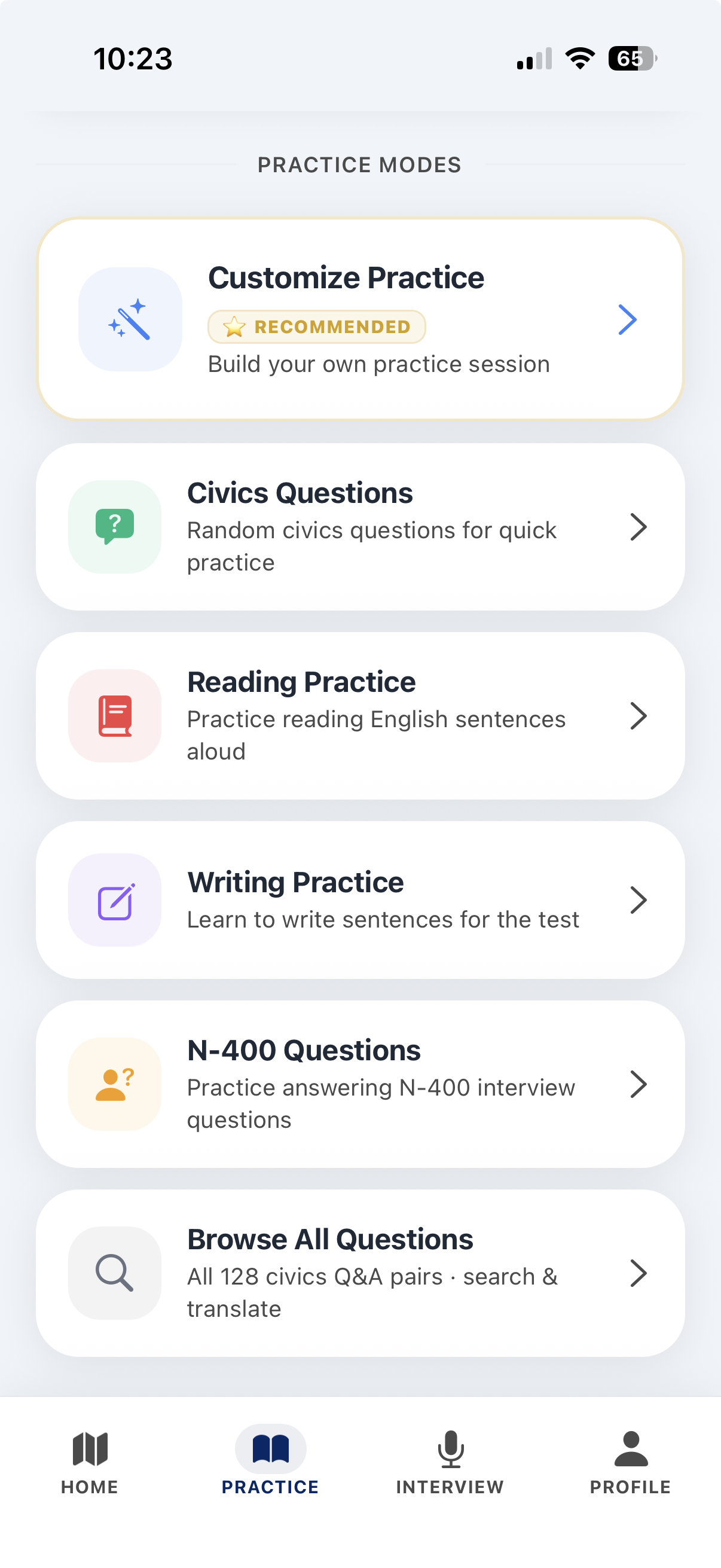 Practice modes: Customize Practice, Civics, Reading, Writing, N-400, Browse all